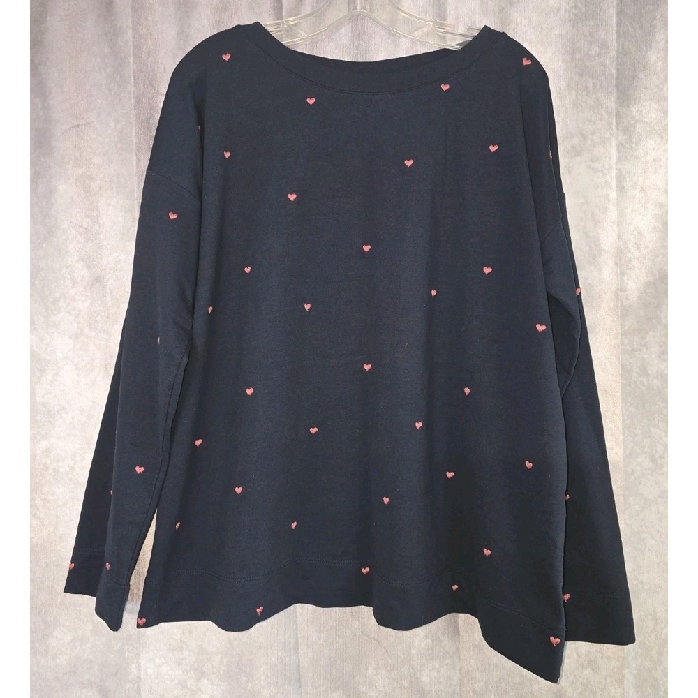 J. Jill Navy Blue Pink Knit Embroidered Heart Pullover Long Sleeve Top L